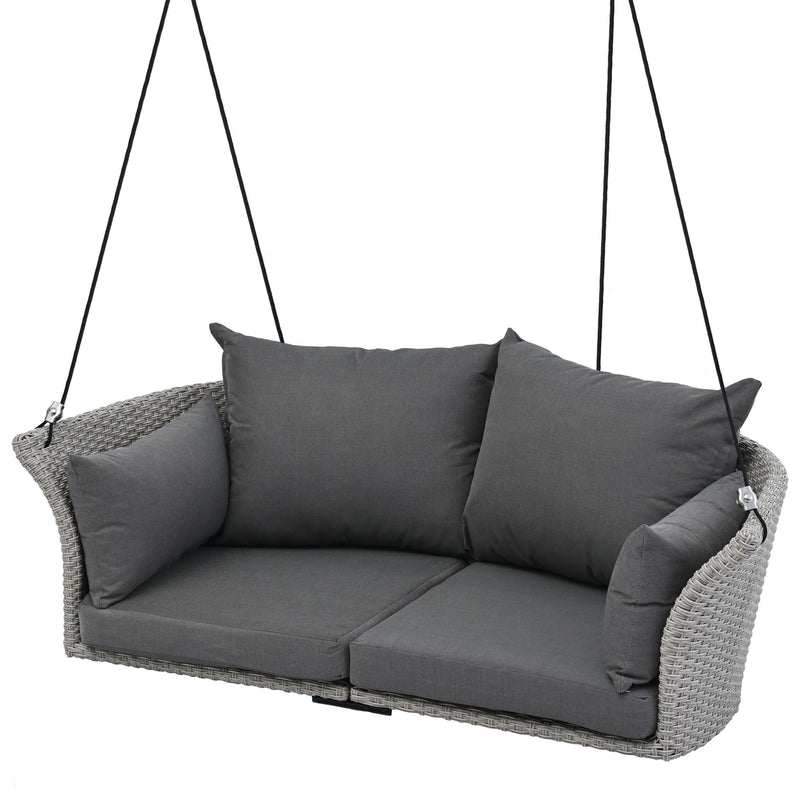 51.9" 2-Person Hanging Seat, Rattan Woven Swing Chair, Porch Swing With Ropes, Gray Wicker And Cushion