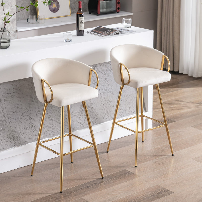 30 Inch Set of 2 Bar Stools,with Chrome Footrest and Base Velvet + Golden Leg Simple Bar Stool,CREAM