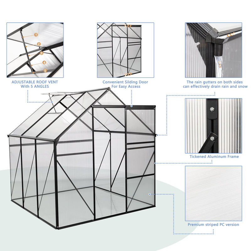 6X6FT-BLACK Polycarbonate Greenhouse Raised Base and Anchor Aluminum Heavy Duty Walk-in Greenhouses for Outdoor Backyard in All Season