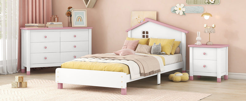 3-Pieces Bedroom Sets Twin Size Platform Bed with Nightstand and Storage dresser,White+Pink