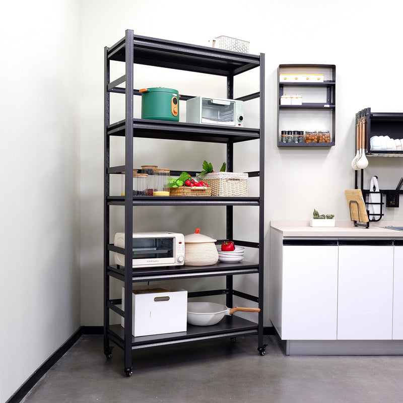 72"H Heavy Duty Storage Shelves Adjustable 5-Tier Metal Shelving Unit with Wheels for 1750LBS Load Kitchen, Garage, Pantry, and More