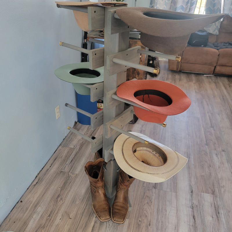8 Cowboy Hat & 2 Boot Tree Rack | Hybrid Western Organizer | Rustic Wooden Hat & Boot Stand | Functional Entryway Display | Handcrafted in USA