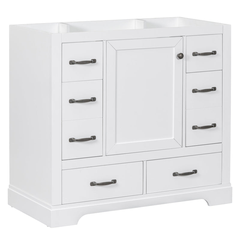 36" Bathroom Vanity without Sink, Cabinet Base Only, Six Drawers, Multi-Functional Drawer Divider, Adjustable Shelf, White