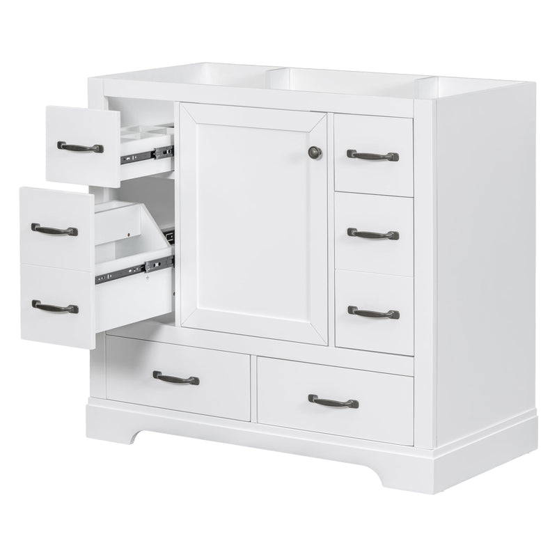 36" Bathroom Vanity without Sink, Cabinet Base Only, Six Drawers, Multi-Functional Drawer Divider, Adjustable Shelf, White