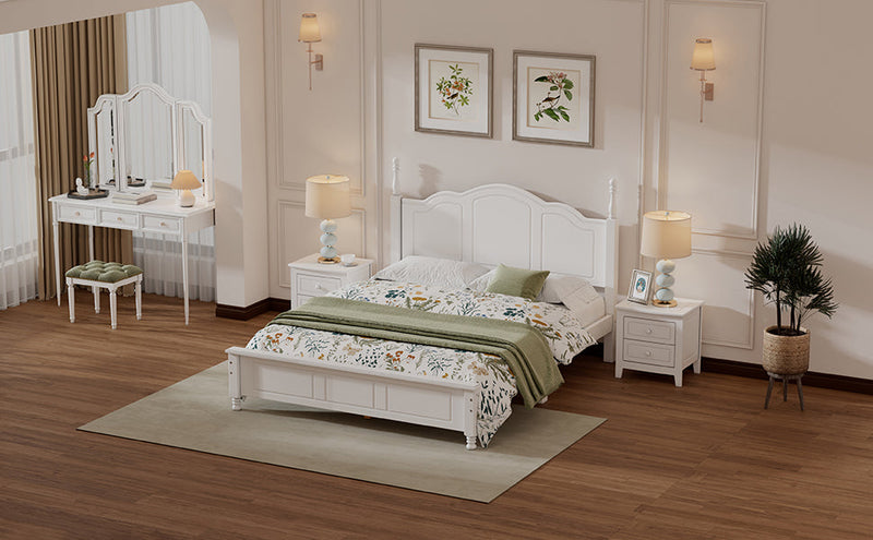 3-Pieces Bedroom Sets,Queen Size Wood Platform Bed and Two Nightstands-White
