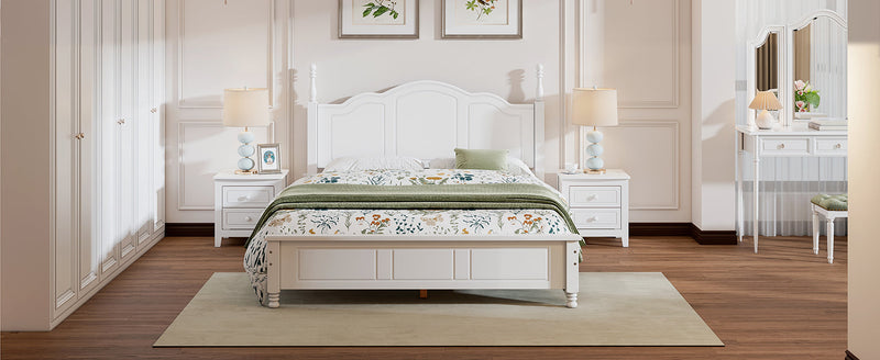 3-Pieces Bedroom Sets,Queen Size Wood Platform Bed and Two Nightstands-White