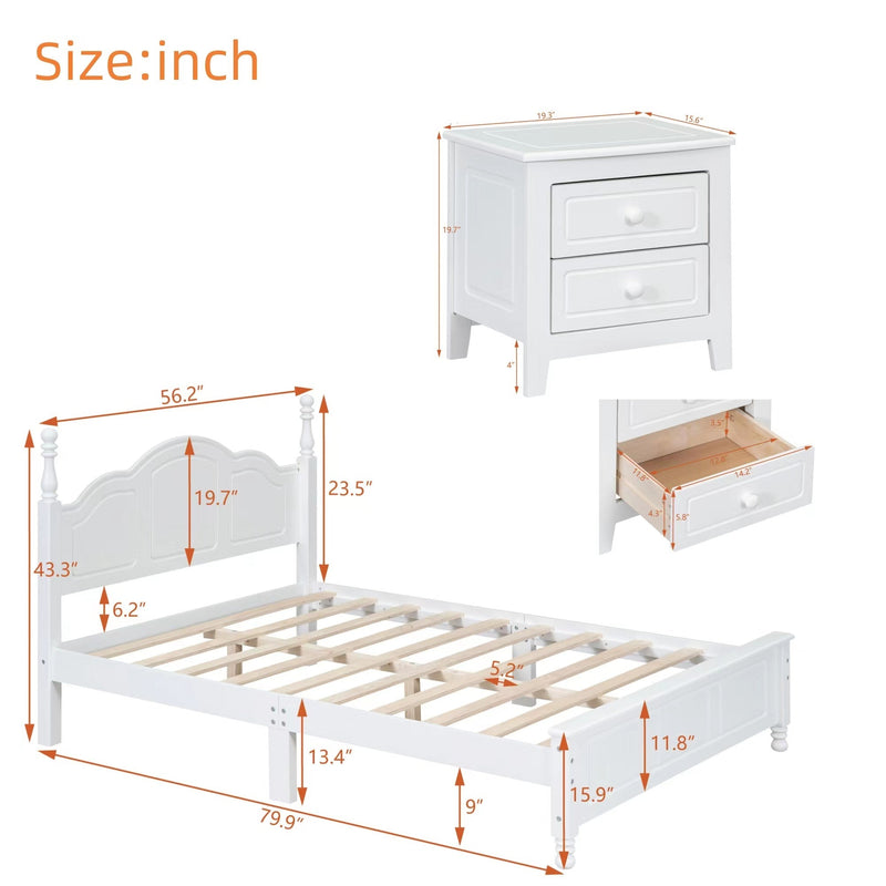 3-Pieces Bedroom Sets,Full Size Wood Platform Bed and Two Nightstands-White