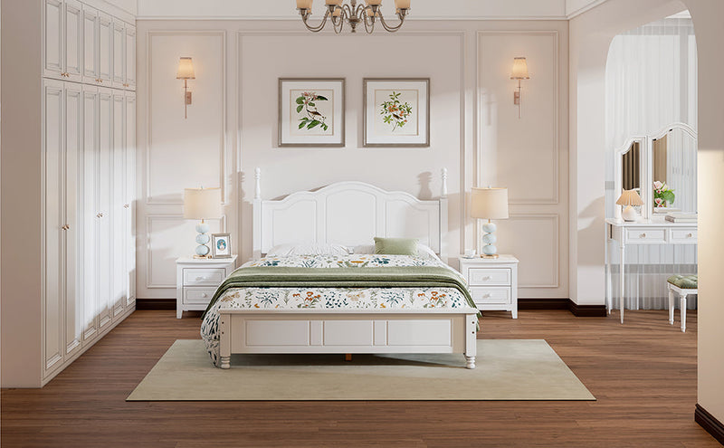 3-Pieces Bedroom Sets,Queen Size Wood Platform Bed and Two Nightstands-White