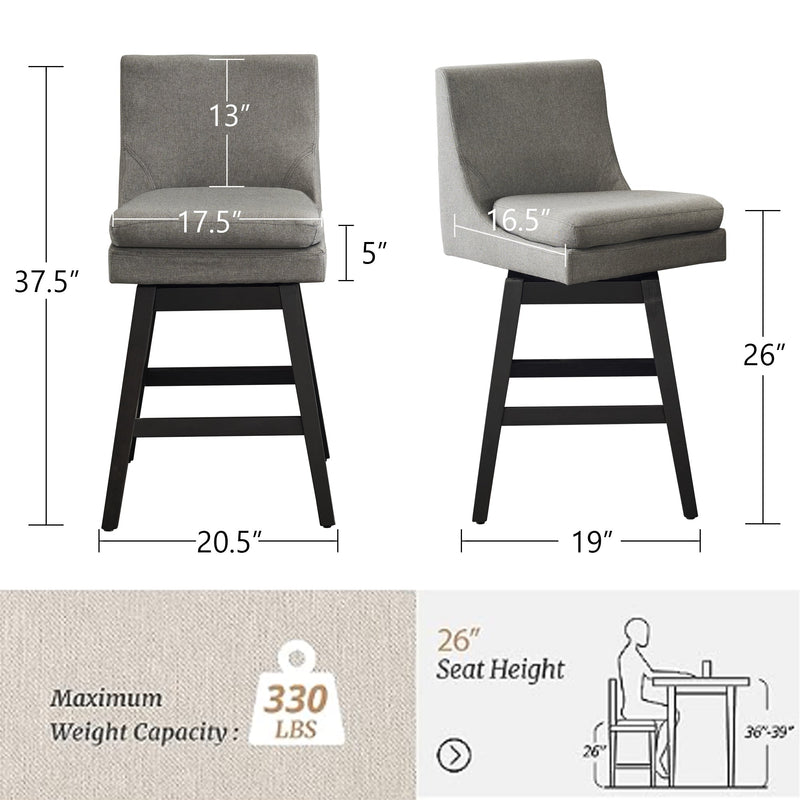 26" Upholstered Swivel Bar Stools Set of 2, Modern Linen Fabric High Back Counter Stools with Ergonomic Design and Wood Frame