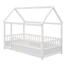 Twin Size Floor Wooden Bed with House Roof Frame