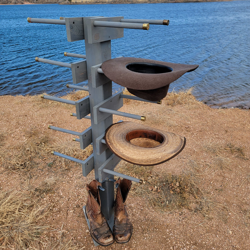 8 Cowboy Hat & 2 Boot Tree Rack | Hybrid Western Organizer | Rustic Wooden Hat & Boot Stand | Functional Entryway Display | Handcrafted in USA