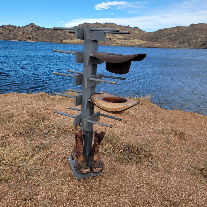8 Cowboy Hat & 2 Boot Tree Rack | Hybrid Western Organizer | Rustic Wooden Hat & Boot Stand | Functional Entryway Display | Handcrafted in USA