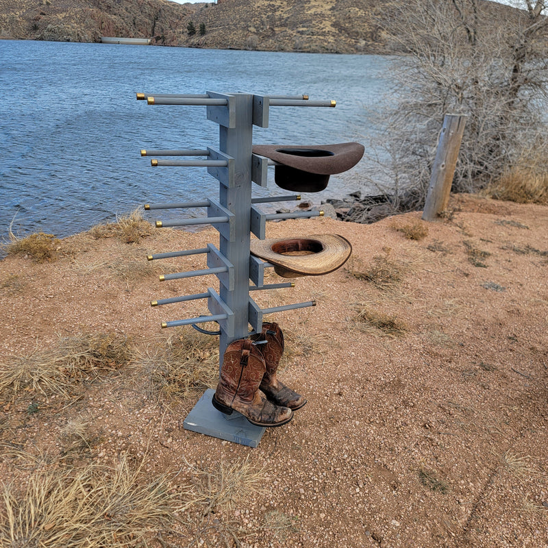 8 Cowboy Hat & 2 Boot Tree Rack | Hybrid Western Organizer | Rustic Wooden Hat & Boot Stand | Functional Entryway Display | Handcrafted in USA