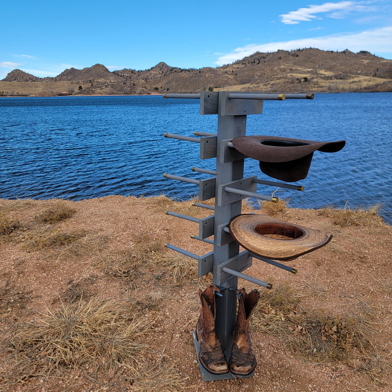 8 Cowboy Hat & 2 Boot Tree Rack | Hybrid Western Organizer | Rustic Wooden Hat & Boot Stand | Functional Entryway Display | Handcrafted in USA