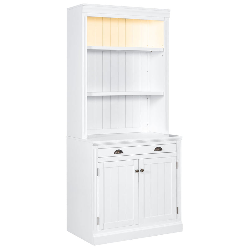 83.4"Tall Bookshelf Suite, Modern Bookcase Suite with LED Lighting,Doors and Drawers,2-Piece Set Storage Bookcase with Open Shelves for Living Room,Home Office,White