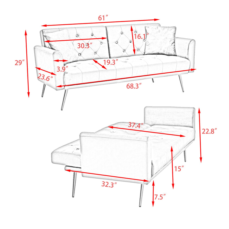 68.3" Baby Blue velvet nail head sofa bed with throw pillow and midfoot