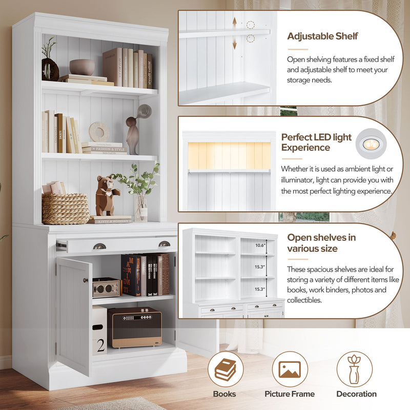 83.4"Tall Bookshelf Suite, Modern Bookcase Suite with LED Lighting,Doors and Drawers,2-Piece Set Storage Bookcase with Open Shelves for Living Room,Home Office,White