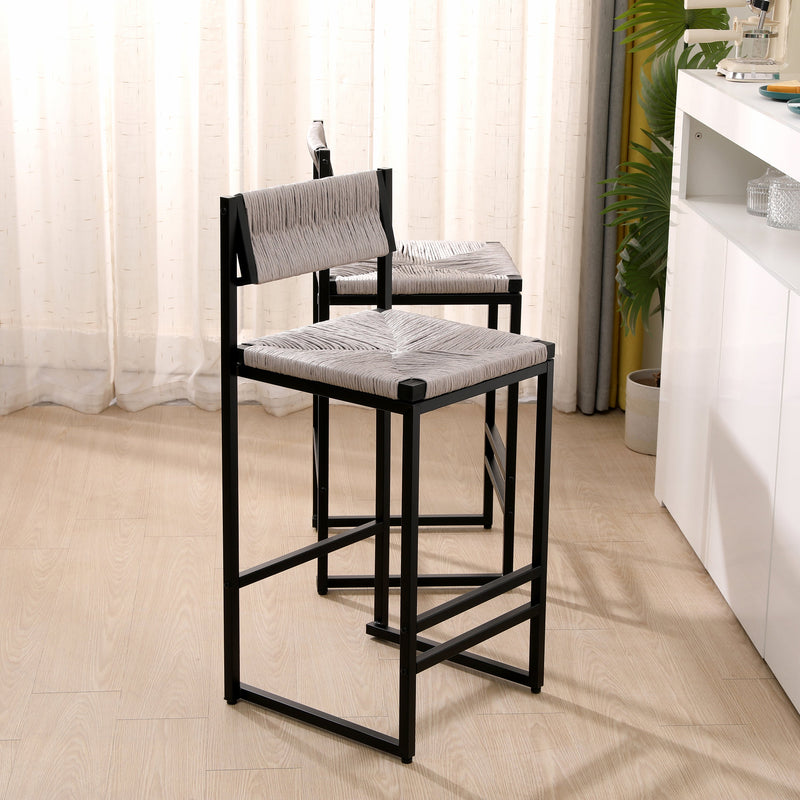 Gray Set of 2 Hand Weave Bar Stools with Back, photo 2 of 10
