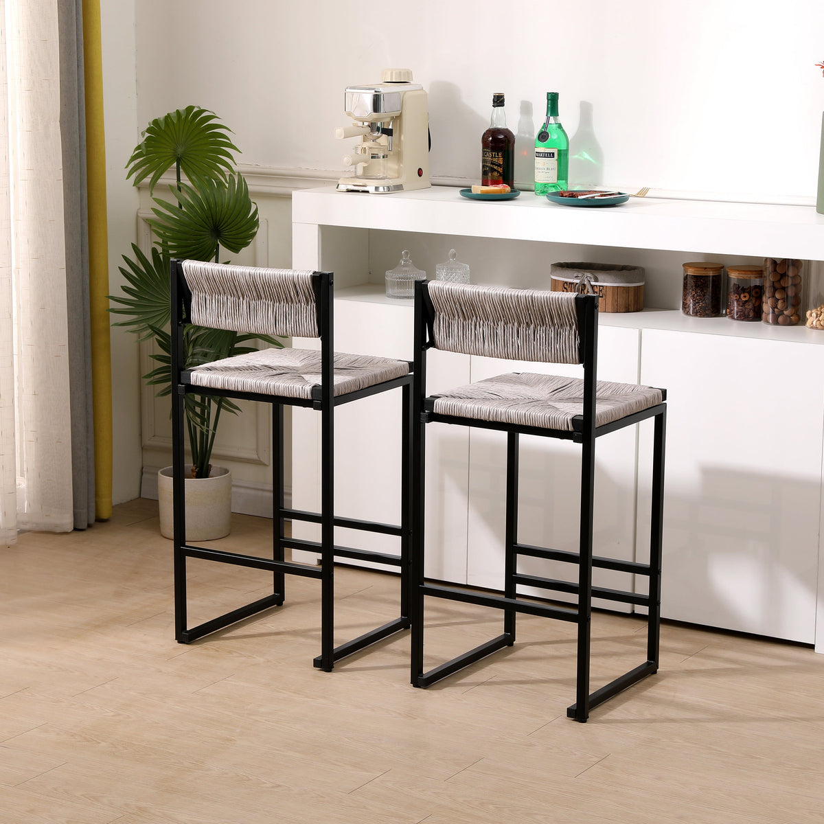 Gray Set of 2 Hand Weave Bar Stools with Back, photo 3 of 10