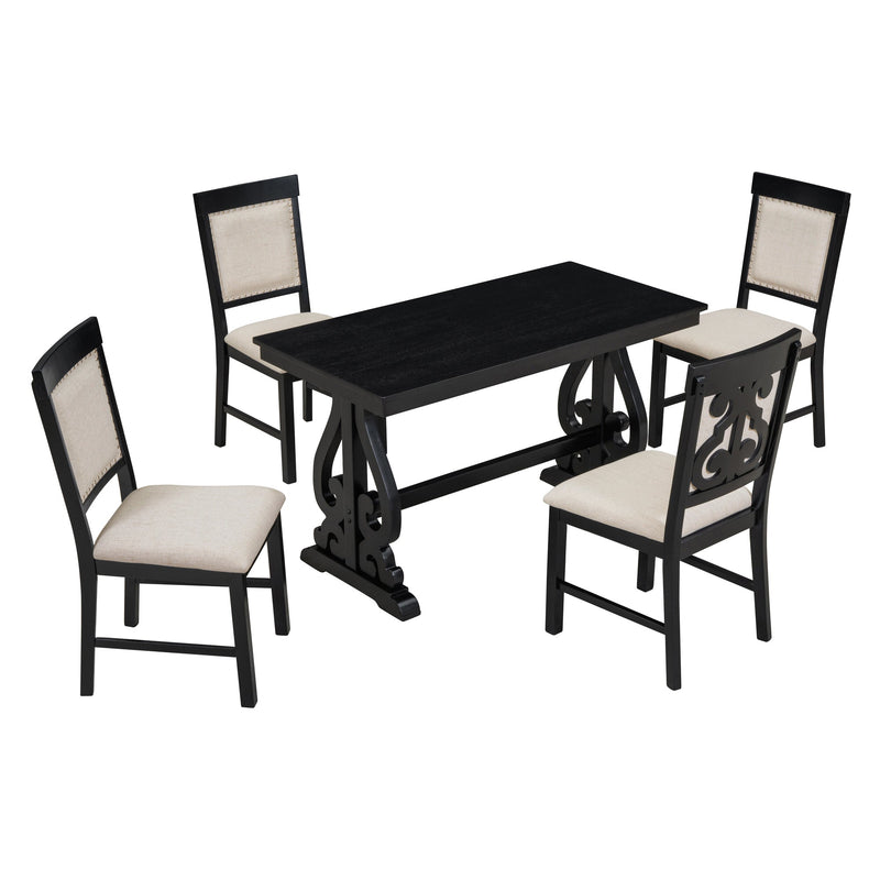 5-Piece Retro Dining Set, Rectangular Wooden Dining Table and 4 Upholstered Chairs for Dining Room and Kitchen (Black)