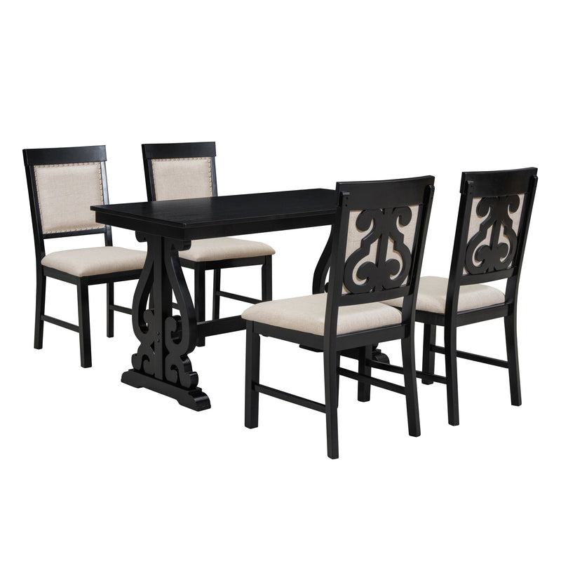 5-Piece Retro Dining Set, Rectangular Wooden Dining Table and 4 Upholstered Chairs for Dining Room and Kitchen (Black)