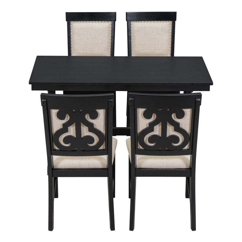 5-Piece Retro Dining Set, Rectangular Wooden Dining Table and 4 Upholstered Chairs for Dining Room and Kitchen (Black)