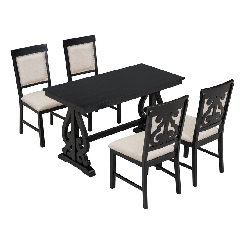 5-Piece Retro Dining Set, Rectangular Wooden Dining Table and 4 Upholstered Chairs for Dining Room and Kitchen (Black)