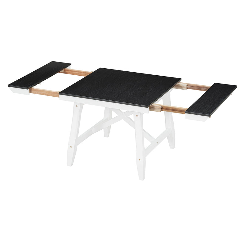 6-Piece Classic Dining Table Set, Rectangular Extendable Dining Table with two 12"W Removable Leaves and 4 Upholstered Chairs & 1 Bench for Dining Room (White+Black)