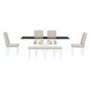 6-Piece Classic Dining Table Set, Rectangular Extendable Dining Table with two 12"W Removable Leaves and 4 Upholstered Chairs & 1 Bench for Dining Room (White+Black)