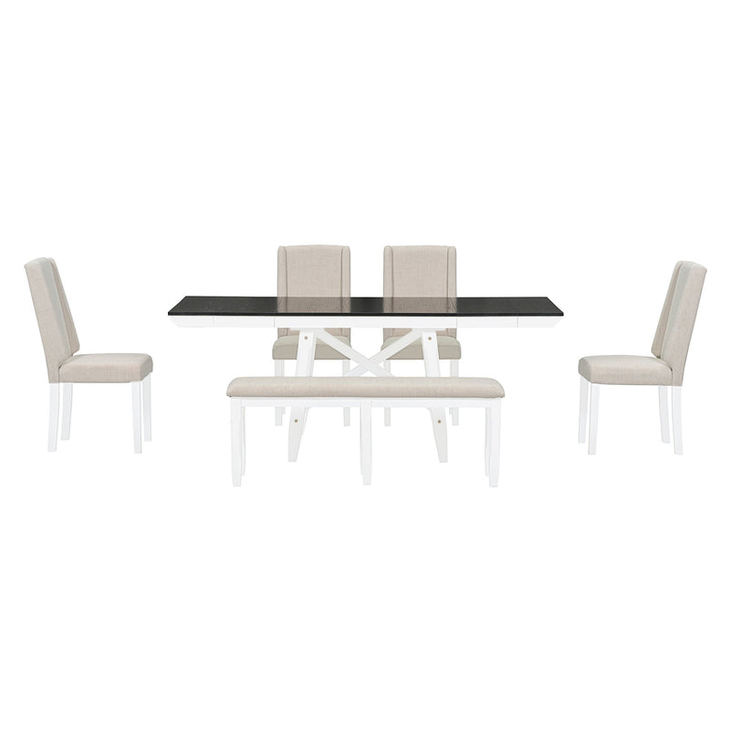 6-Piece Classic Dining Table Set, Rectangular Extendable Dining Table with two 12"W Removable Leaves and 4 Upholstered Chairs & 1 Bench for Dining Room (White+Black)