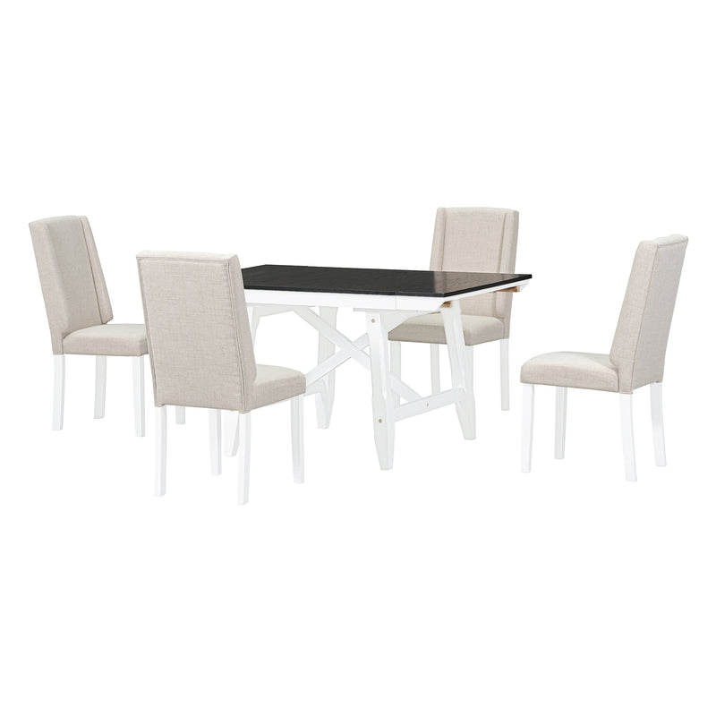 6-Piece Classic Dining Table Set, Rectangular Extendable Dining Table with two 12"W Removable Leaves and 4 Upholstered Chairs & 1 Bench for Dining Room (White+Black)
