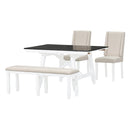 6-Piece Classic Dining Table Set, Rectangular Extendable Dining Table with two 12"W Removable Leaves and 4 Upholstered Chairs & 1 Bench for Dining Room (White+Black)