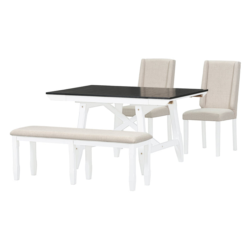 6-Piece Classic Dining Table Set, Rectangular Extendable Dining Table with two 12"W Removable Leaves and 4 Upholstered Chairs & 1 Bench for Dining Room (White+Black)