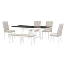 6-Piece Classic Dining Table Set, Rectangular Extendable Dining Table with two 12"W Removable Leaves and 4 Upholstered Chairs & 1 Bench for Dining Room (White+Black)