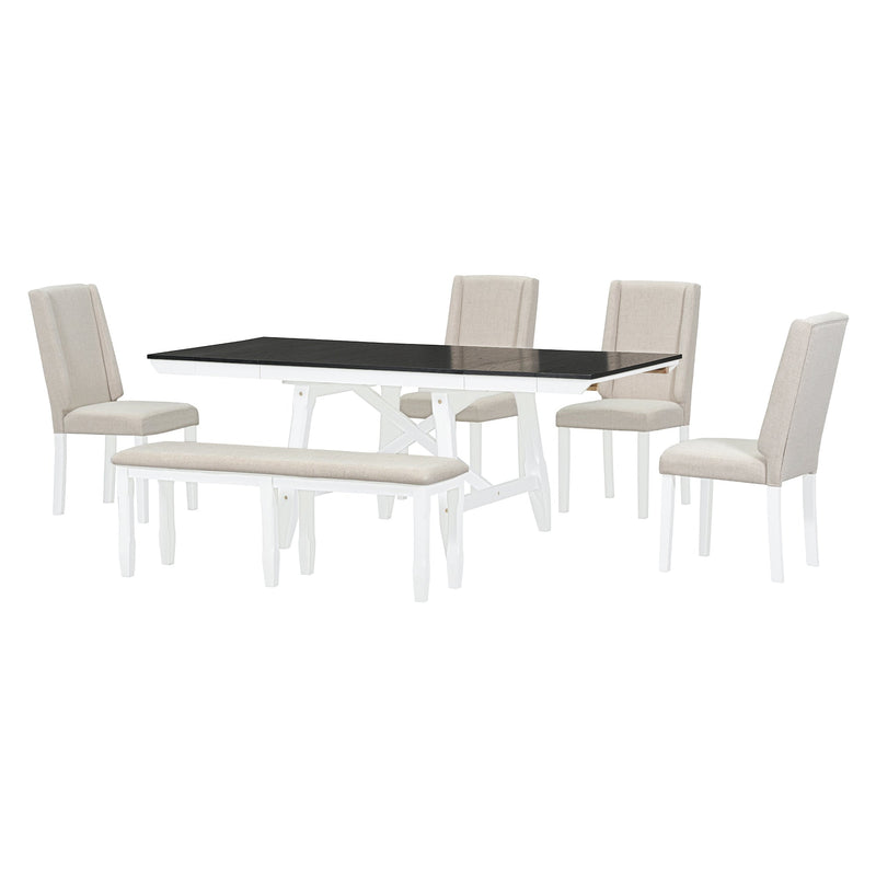 6-Piece Classic Dining Table Set, Rectangular Extendable Dining Table with two 12"W Removable Leaves and 4 Upholstered Chairs & 1 Bench for Dining Room (White+Black)