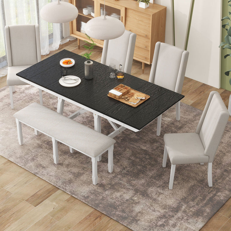 6-Piece Classic Dining Table Set, Rectangular Extendable Dining Table with two 12"W Removable Leaves and 4 Upholstered Chairs & 1 Bench for Dining Room (White+Black)
