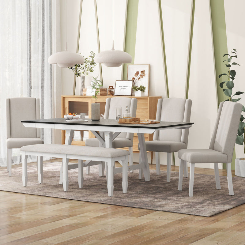 6-Piece Classic Dining Table Set, Rectangular Extendable Dining Table with two 12"W Removable Leaves and 4 Upholstered Chairs & 1 Bench for Dining Room (White+Black)