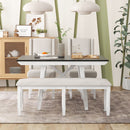 6-Piece Classic Dining Table Set, Rectangular Extendable Dining Table with two 12"W Removable Leaves and 4 Upholstered Chairs & 1 Bench for Dining Room (White+Black)