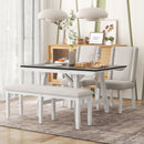 6-Piece Classic Dining Table Set, Rectangular Extendable Dining Table with two 12"W Removable Leaves and 4 Upholstered Chairs & 1 Bench for Dining Room (White+Black)