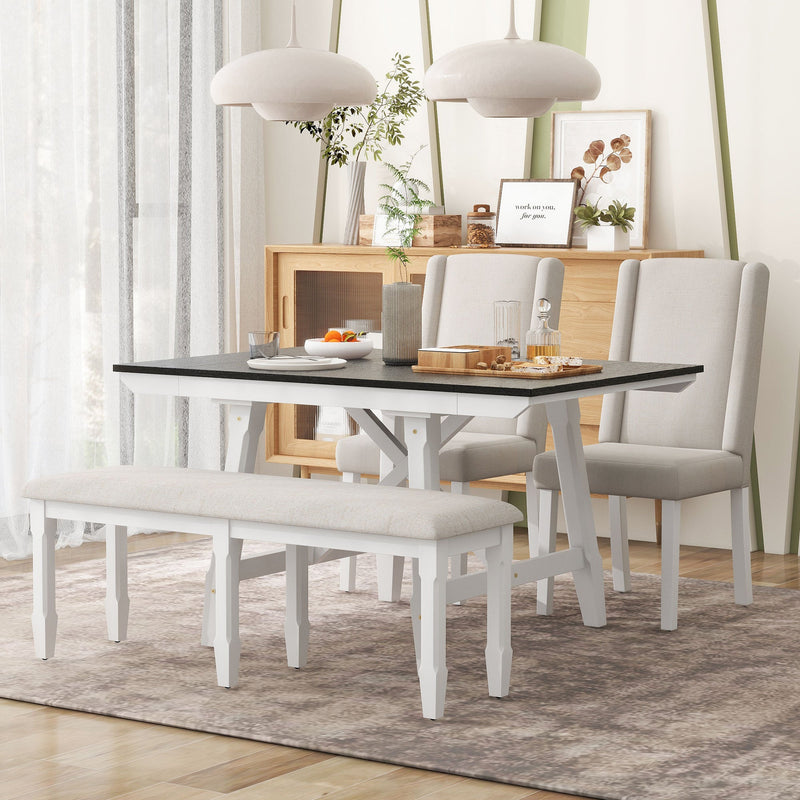 6-Piece Classic Dining Table Set, Rectangular Extendable Dining Table with two 12"W Removable Leaves and 4 Upholstered Chairs & 1 Bench for Dining Room (White+Black)