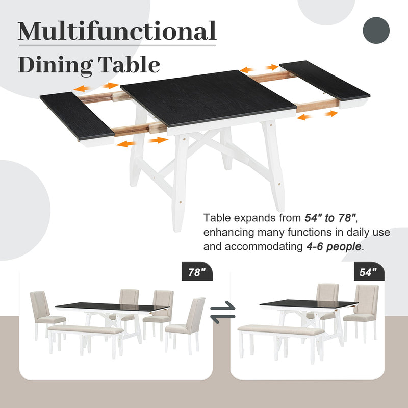 6-Piece Classic Dining Table Set, Rectangular Extendable Dining Table with two 12"W Removable Leaves and 4 Upholstered Chairs & 1 Bench for Dining Room (White+Black)