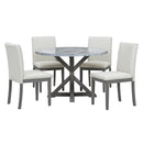 5-Piece Farmhouse Style Dining Table Set, Marble Sticker and Cross Bracket Pedestal Dining Table, and 4 Upholstered Chairs (White+Gray)