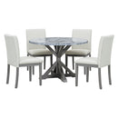 5-Piece Farmhouse Style Dining Table Set, Marble Sticker and Cross Bracket Pedestal Dining Table, and 4 Upholstered Chairs (White+Gray)