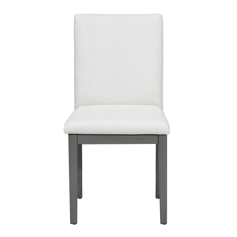 5-Piece Farmhouse Style Dining Table Set, Marble Sticker and Cross Bracket Pedestal Dining Table, and 4 Upholstered Chairs (White+Gray)