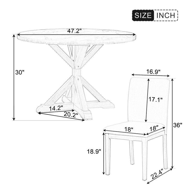 5-Piece Farmhouse Style Dining Table Set, Marble Sticker and Cross Bracket Pedestal Dining Table, and 4 Upholstered Chairs (White+Gray)