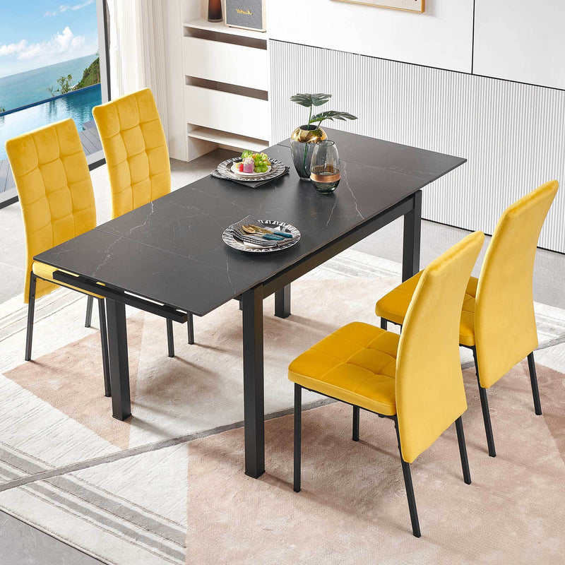 5-Pieces Functional Retractable Ceramic Table Dining Table Dining Set Including Yellow Velvet High Back Black Color Legs for Living Room,Dining Room,Kitchen