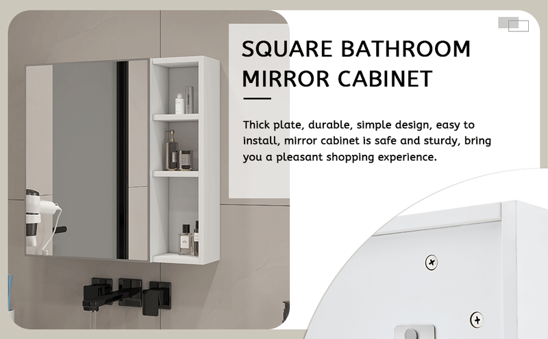 A white MDF material mirror cabinet, bathroom mirror, and a separate wall mounted bathroom mirror for storage and space saving.