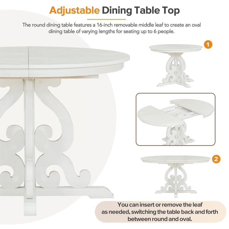 5-Piece Retro Functional Dining Set, 1 Extendable Table with a 16-inch Leaf and 4 Upholstered Chairs for Dining Room and Kitchen (Antique White)