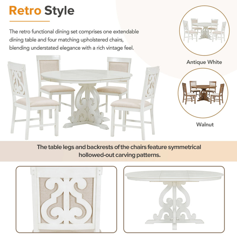 5-Piece Retro Functional Dining Set, 1 Extendable Table with a 16-inch Leaf and 4 Upholstered Chairs for Dining Room and Kitchen (Antique White)