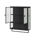 23.62"Glass Doors Modern Two-door Wall Cabinet with Featuring Two-tier Enclosed Storage, an Open Shelf, and Towel Rack, for Entryway Living Room Bathroom Dining Room,Black